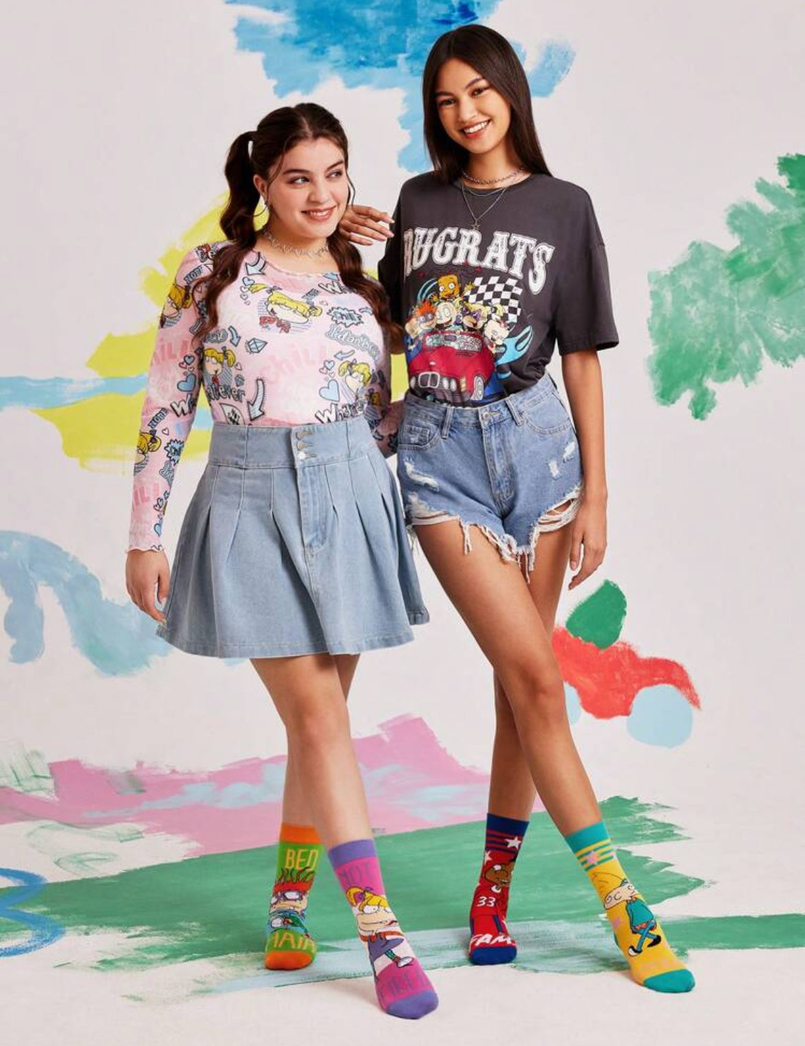 Nick 90s 2 pair Set 90s Asymmetrical Cartoon Graphic Crew Socks