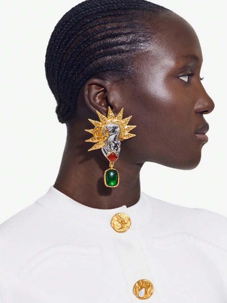 French Retro Light Luxury Colored Gemstone Faux Pearl Ears, Cockscomb Shaped Earrings, Asymmetrical AB Earrings