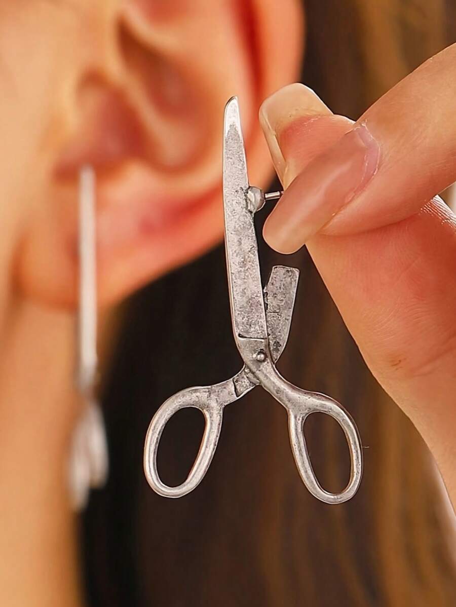 Fashionable Gothic Style Asymmetrical Vintage Metallic Scissor Stud Earrings, Versatile For Women Daily, Festivals, Parties