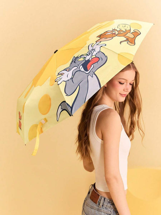 TOM & JERRY 1pc Cute Cartoon Cat, Mouse, Cheese Pattern Automatic Opening And Closing Umbrella With Sun Protection Function, Suitable For School, Work, Outings, And Daily Use, Designed For College Students, High School Students, And Women