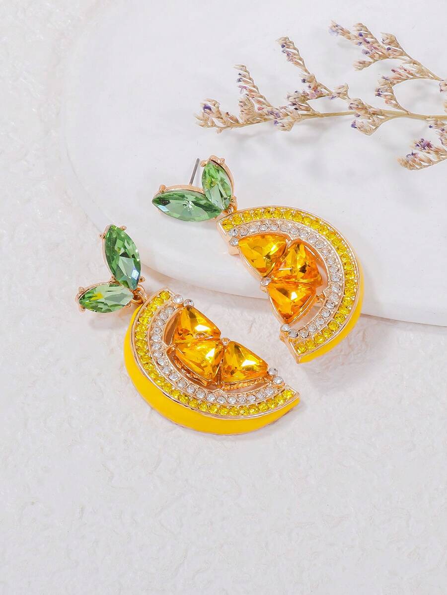 Rhinestone Lemon Pendant Earrings For Women, Cute Casual Daily Party Jewelry Gift