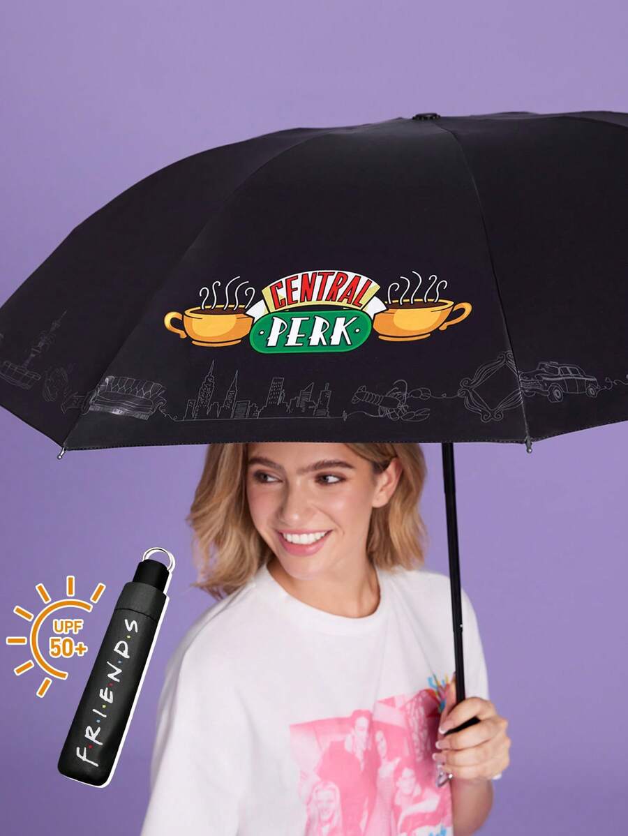 FRIENDS 1pc Coffee Cup Pattern Printed Four-Fold Umbrella, Featuring Sun Protection Function, With A Raised Umbrella Bone For Comfortable Use, Suitable For School, Work, Outings, And Daily Use