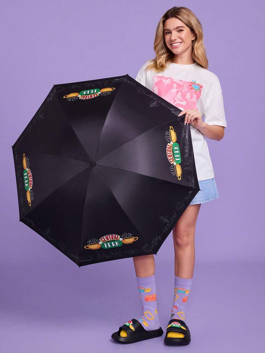 FRIENDS 1pc Coffee Cup Pattern Printed Four-Fold Umbrella, Featuring Sun Protection Function, With A Raised Umbrella Bone For Comfortable Use, Suitable For School, Work, Outings, And Daily Use