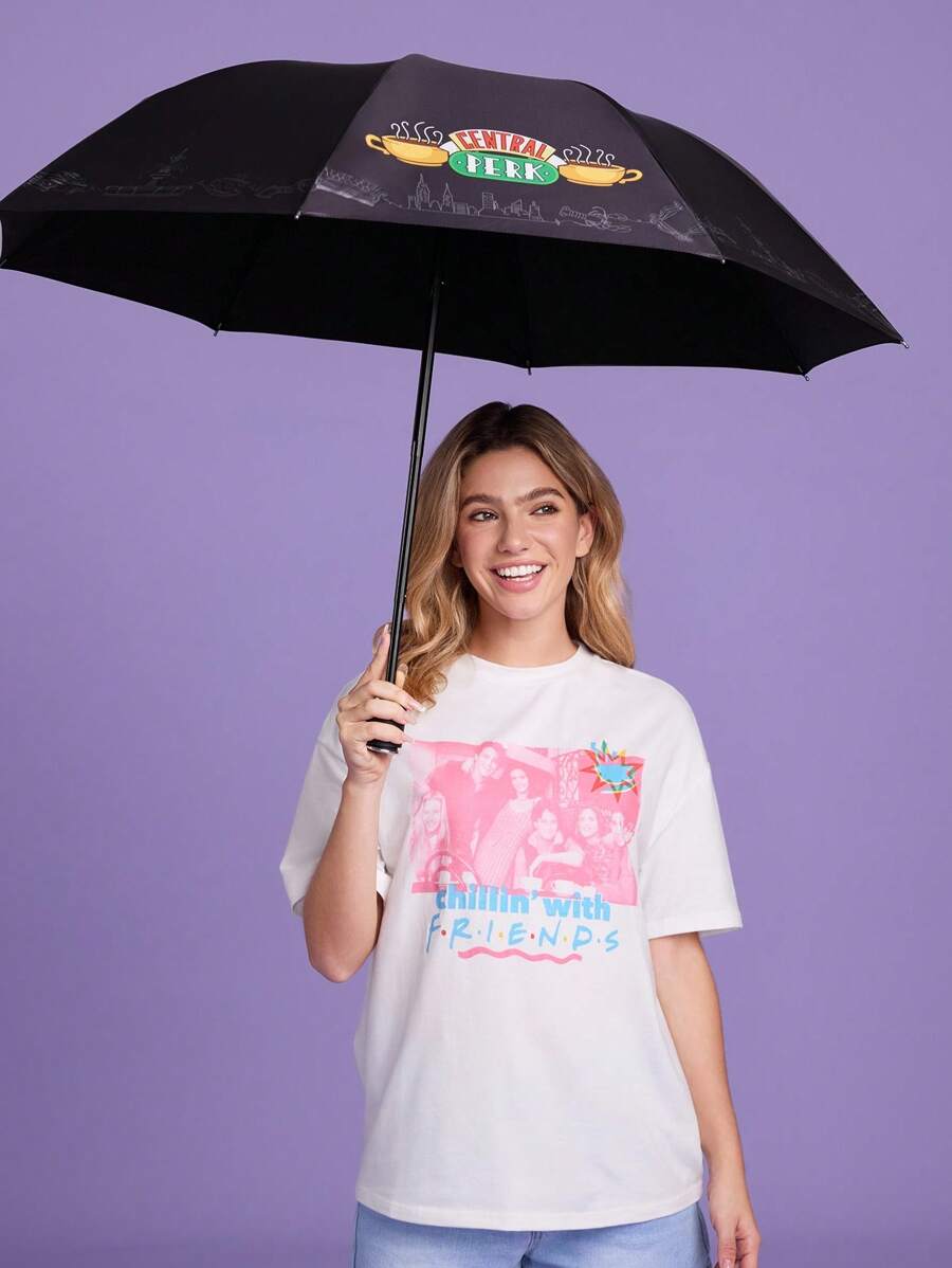 FRIENDS 1pc Coffee Cup Pattern Printed Four-Fold Umbrella, Featuring Sun Protection Function, With A Raised Umbrella Bone For Comfortable Use, Suitable For School, Work, Outings, And Daily Use