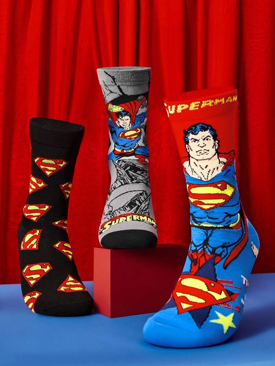 SUPERMAN 3 Pairs SET Breathable & Sweat-Absorbent Men's Crew Socks, Reinforced Toe & Heel, Durable Wear, Suitable For All Seasons