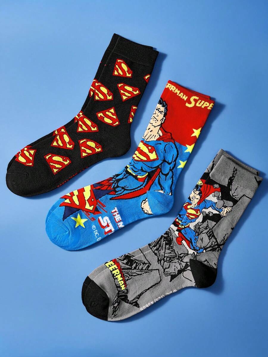 SUPERMAN 3 Pairs SET Breathable & Sweat-Absorbent Men's Crew Socks, Reinforced Toe & Heel, Durable Wear, Suitable For All Seasons