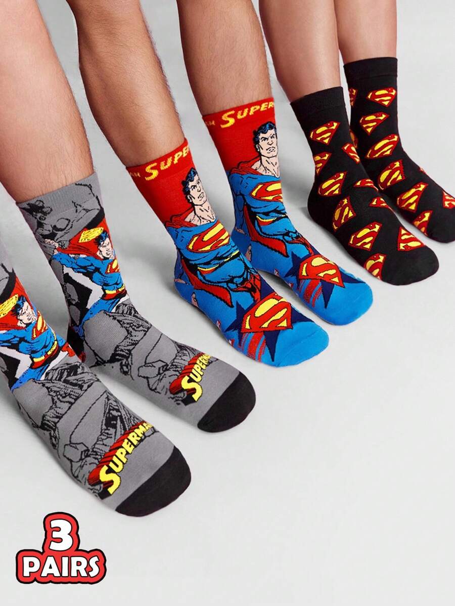 SUPERMAN 3 Pairs SET Breathable & Sweat-Absorbent Men's Crew Socks, Reinforced Toe & Heel, Durable Wear, Suitable For All Seasons