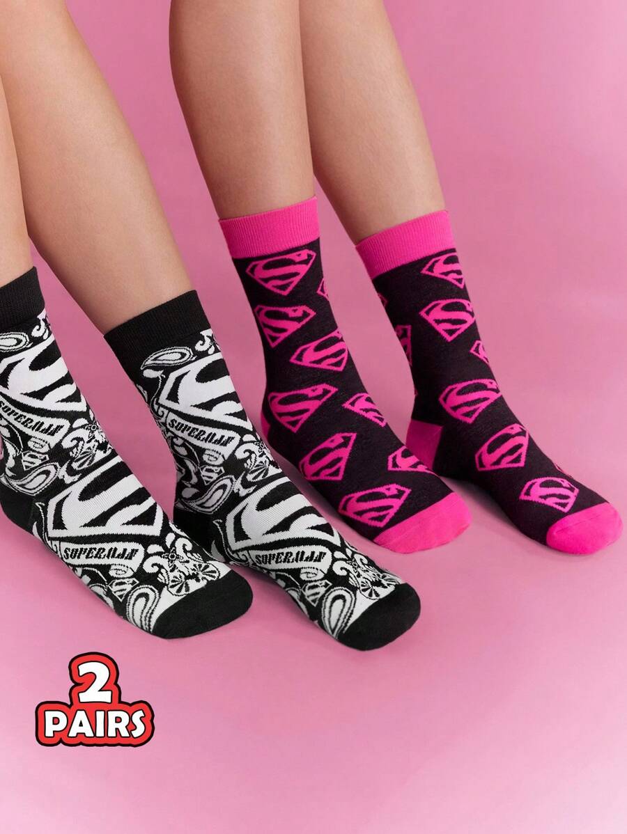 SUPERMAN 2 Pairs Unisex Breathable & Moisture-Wicking Crew Socks With Reinforced Toe And Heel, Superhero Logo Design, Suitable For All Seasons, Black And Pink