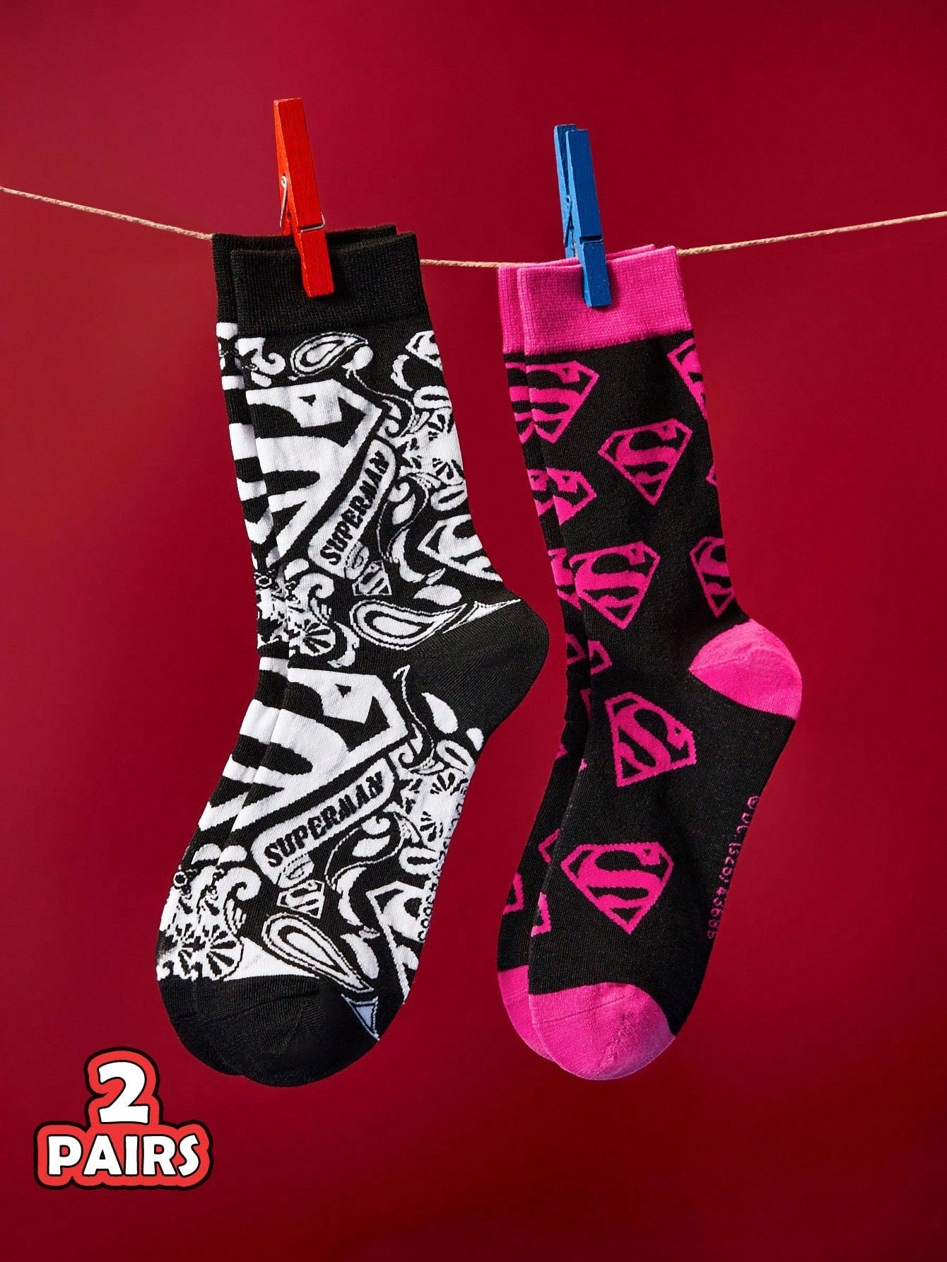 SUPERMAN 2 Pairs Unisex Breathable & Moisture-Wicking Crew Socks With Reinforced Toe And Heel, Superhero Logo Design, Suitable For All Seasons, Black And Pink
