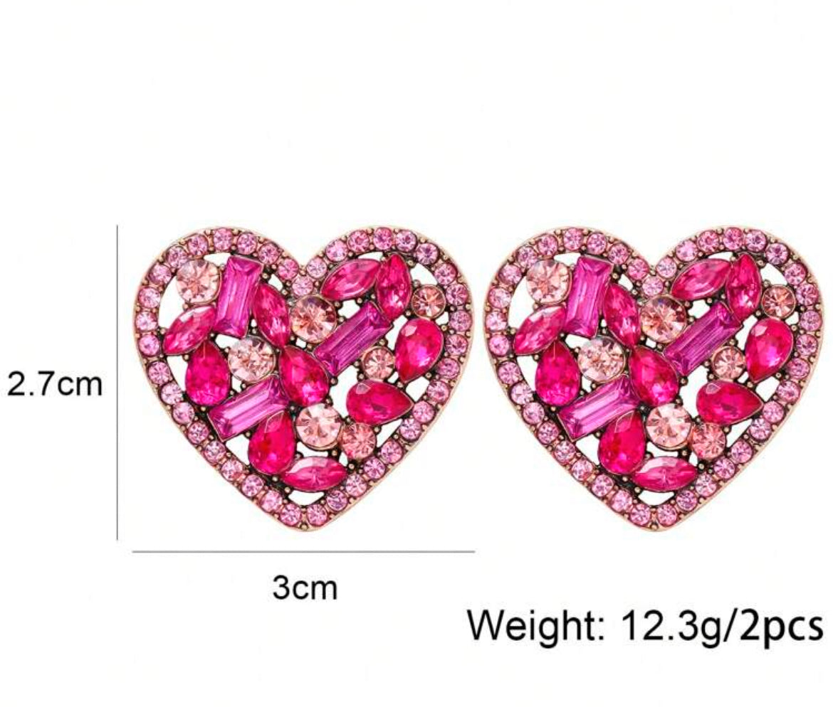 Heart-Shaped Pink Crystal Rhinestone Earrings For Women, Casual Daily Wear Jewelry Accessory, Gift