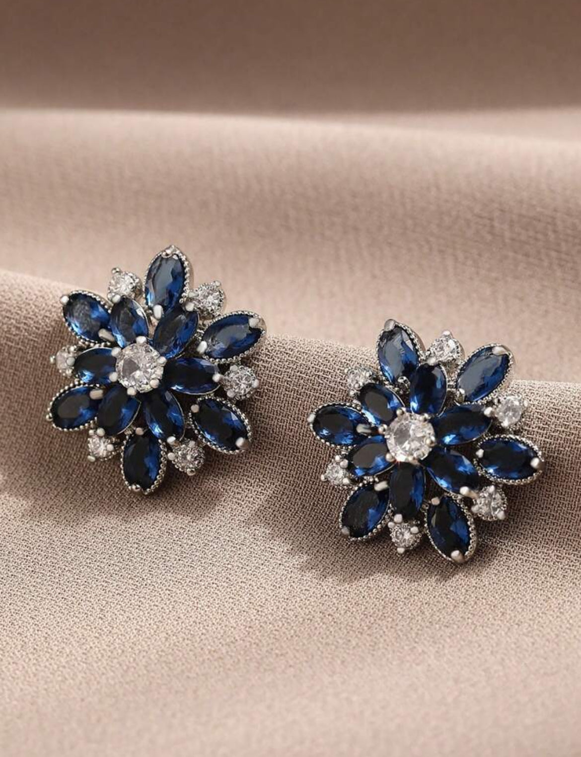 Romantic Flower Cubic Zirconia Big Stud Earrings For Women