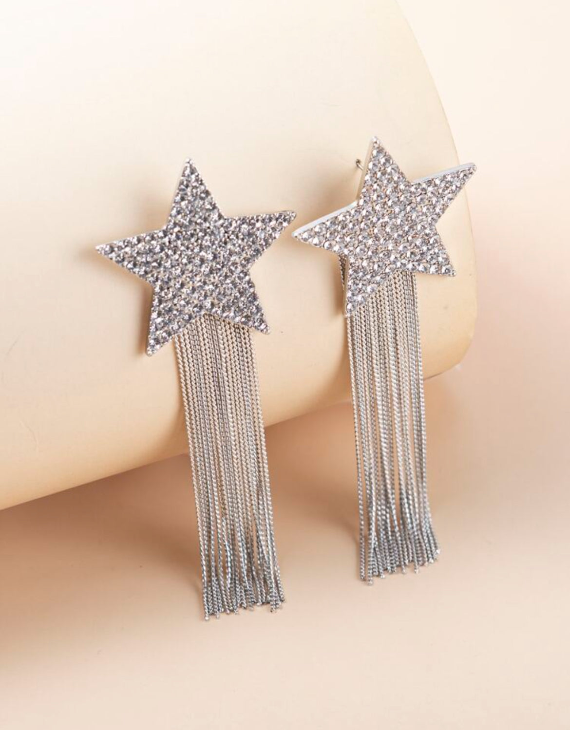 Fashionable Rhinestone Pentagram Chain Tassel Reversible Silver Luxury Earrings, Elegant Jewelry Gift For Party