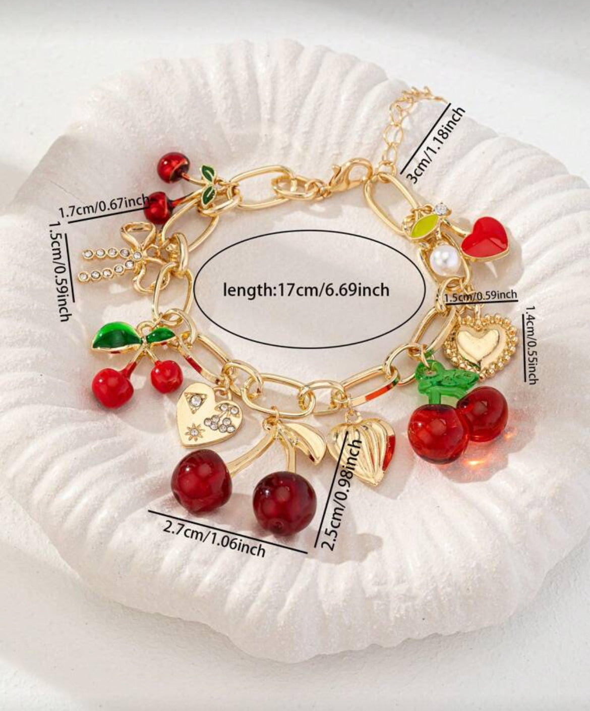 Handmade Golden Cherry Bow Heart Charm Bracelet, Chunky Chain Bracelets, Spring/Summer Jewelry