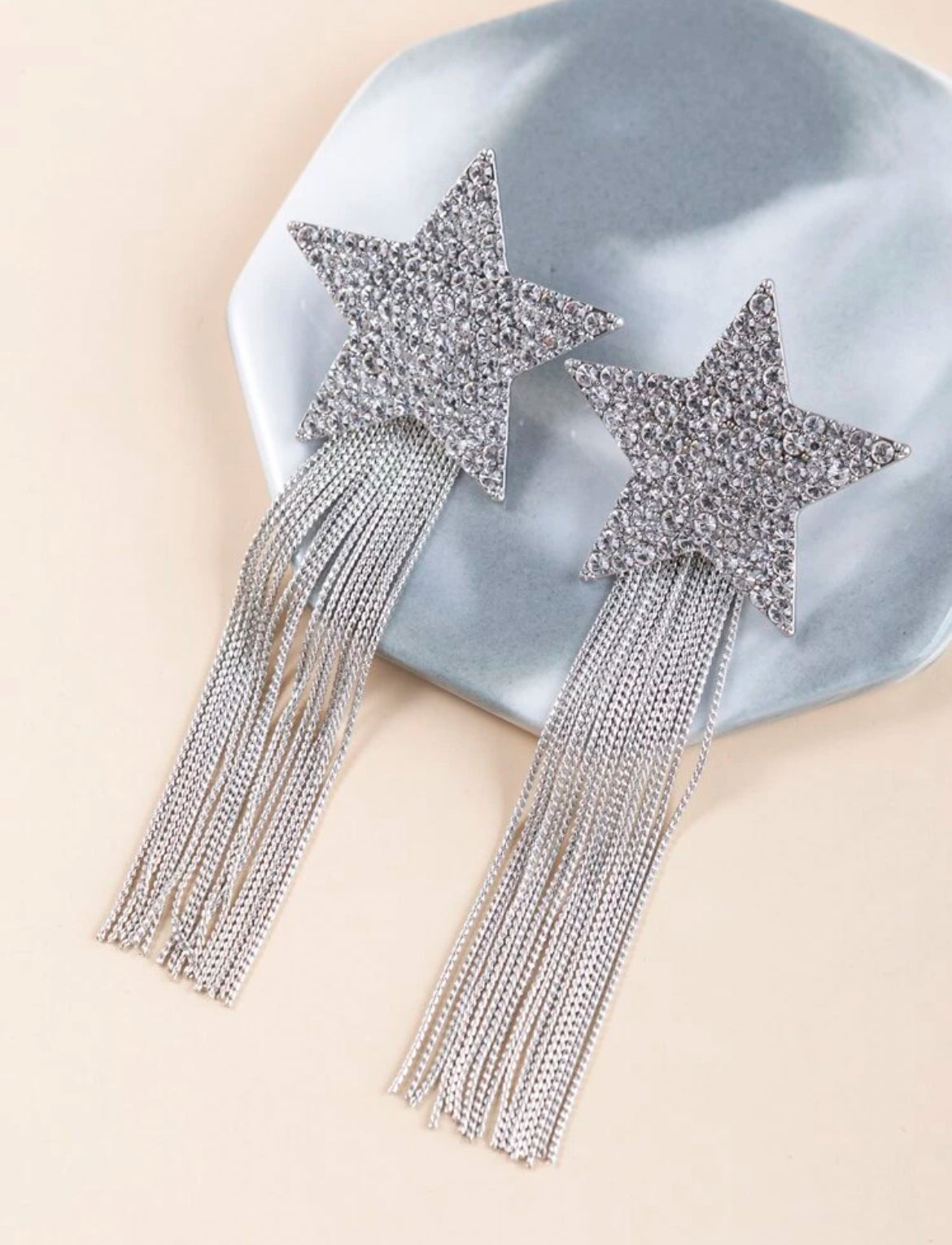 Fashionable Rhinestone Pentagram Chain Tassel Reversible Silver Luxury Earrings, Elegant Jewelry Gift For Party
