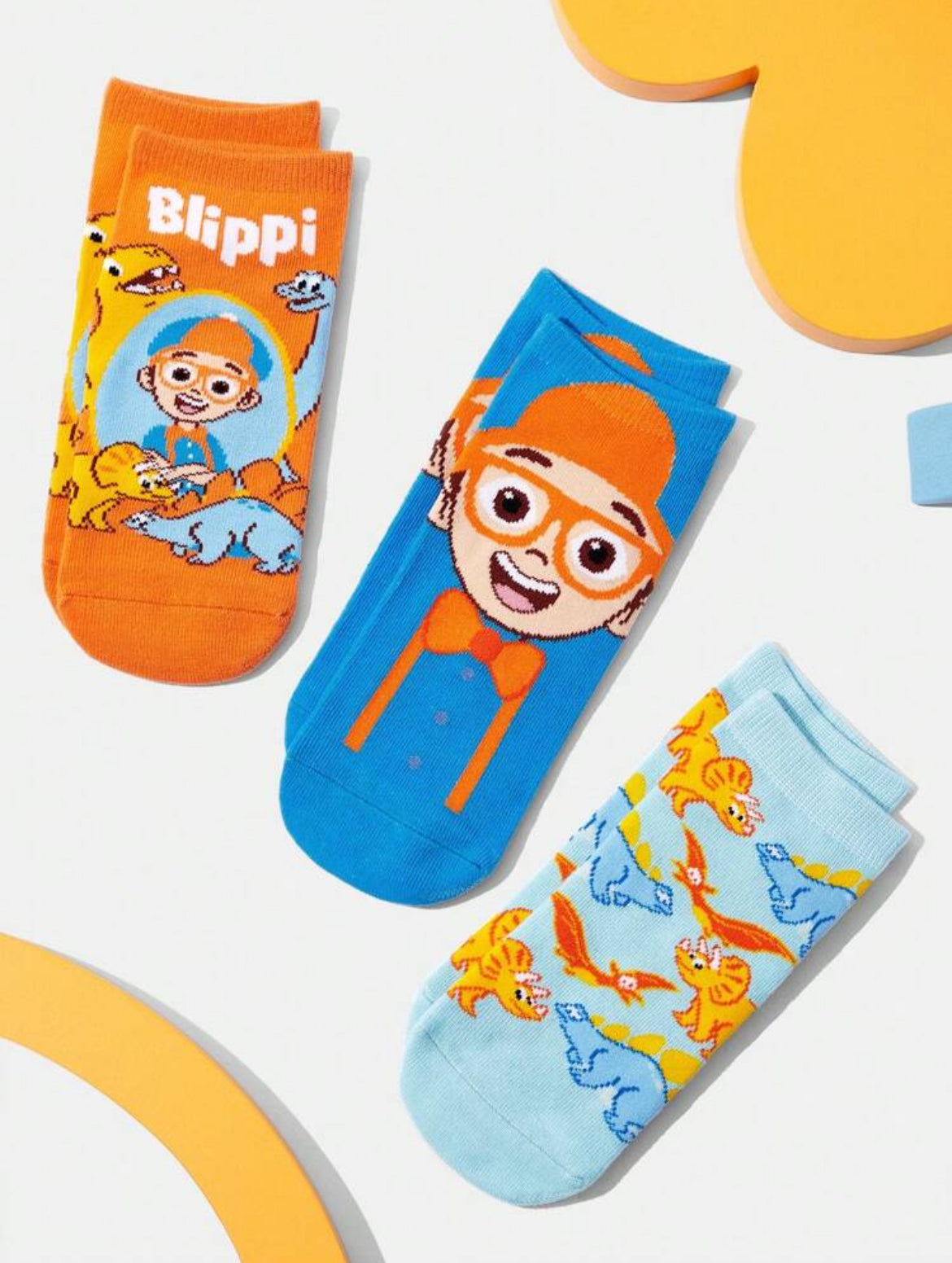 Blippi 3 Pairs Cartoon Figures & Dinosaur Pattern Kids Cotton Short Socks Set