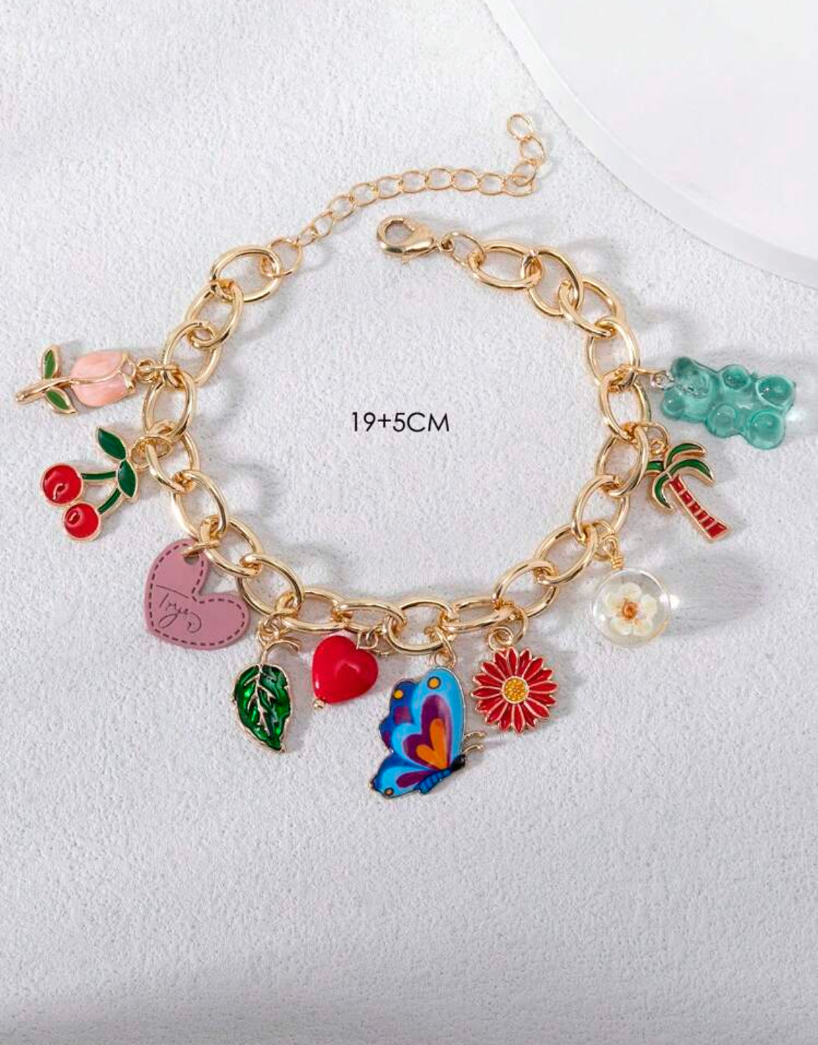 Bracelet With Multiple Charms Including Butterfly, Flower, Heart, Leaf, Cherry, Bear, Epoxy Resin