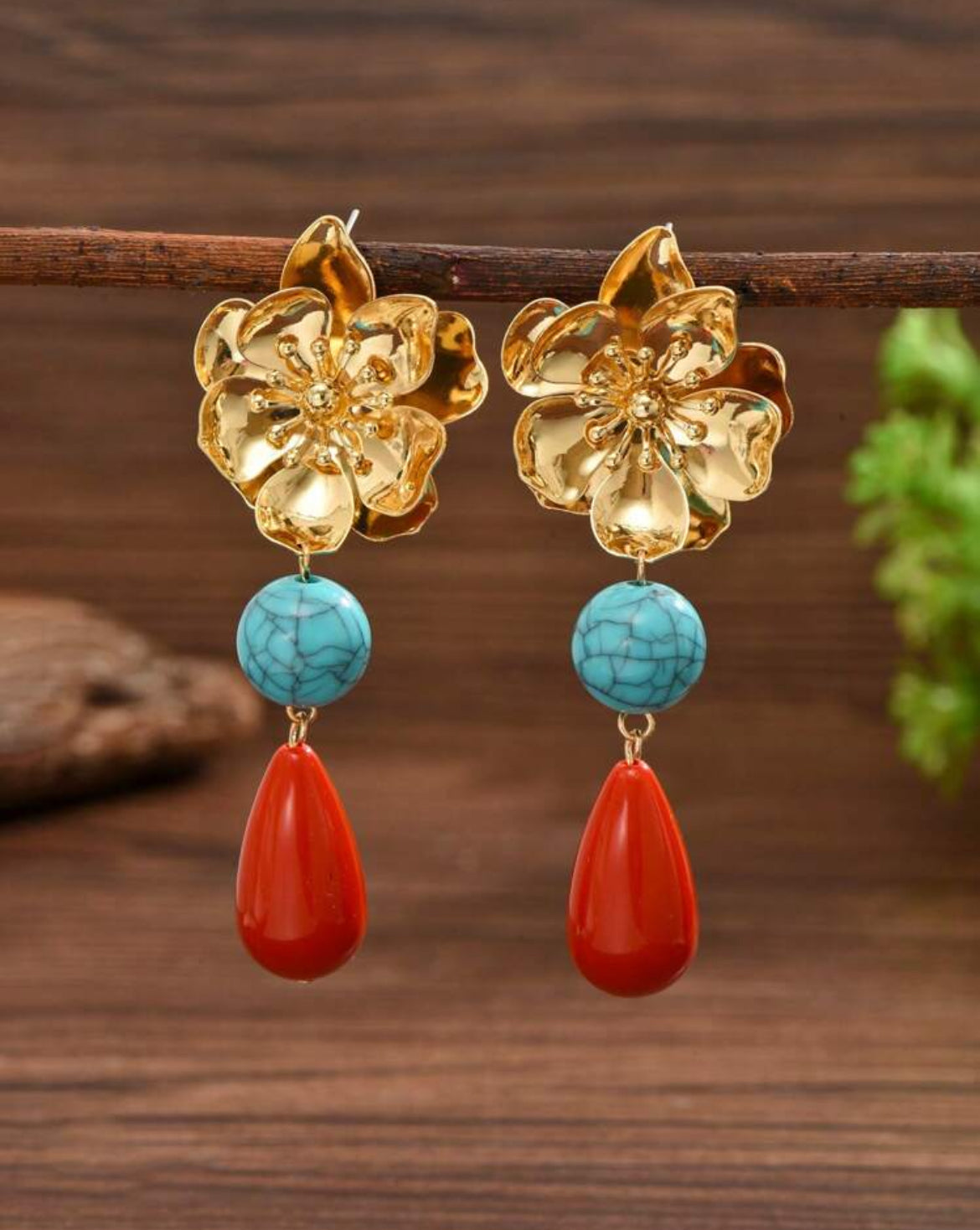Vintage Bohemian Metal Flower Petal Golden Stamen, Ripple Ceramic Pendant And Asymmetrical Blue Resin Block Combo Earrings