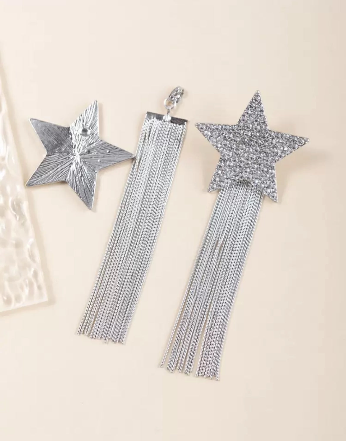 Fashionable Rhinestone Pentagram Chain Tassel Reversible Silver Luxury Earrings, Elegant Jewelry Gift For Party