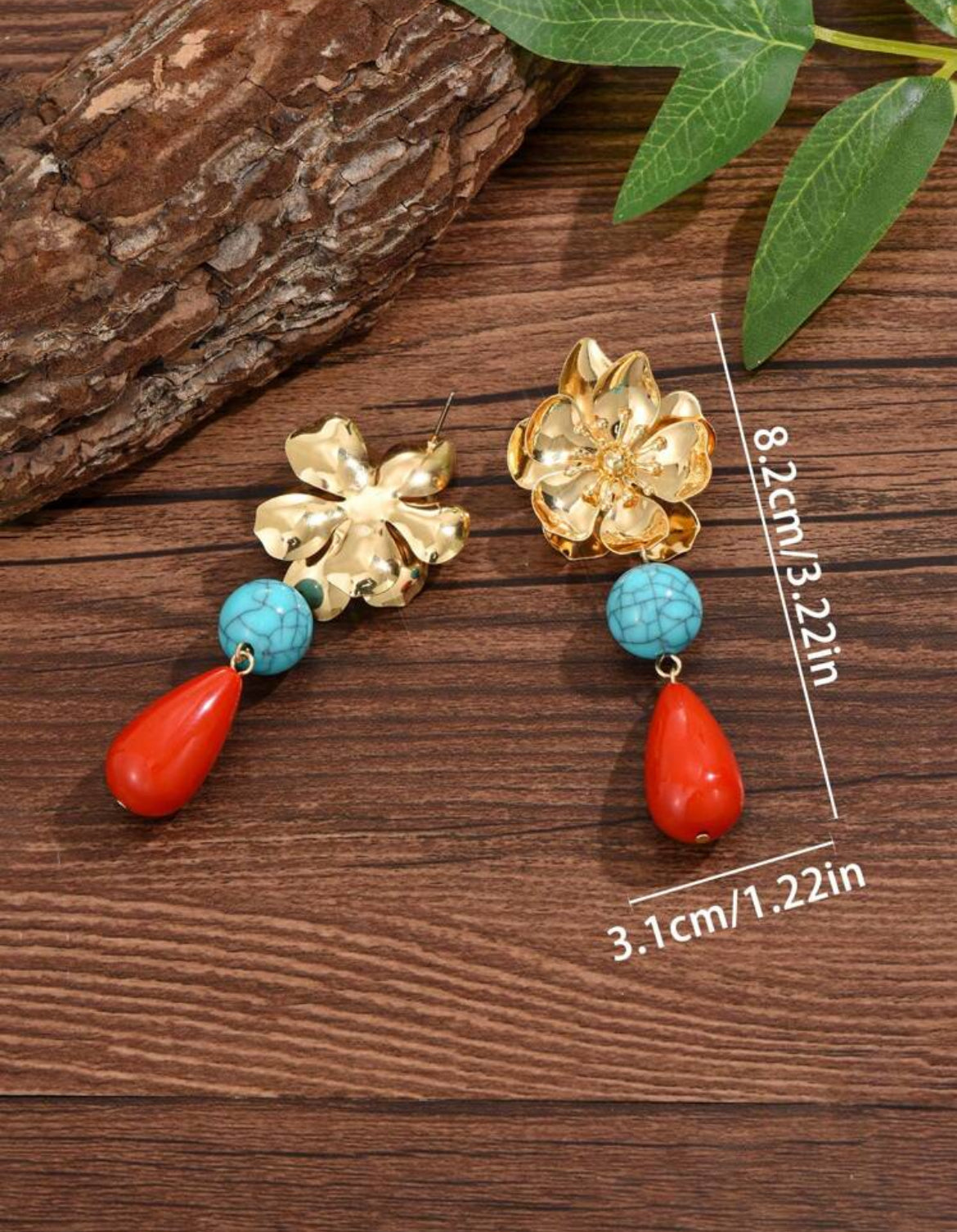 Vintage Bohemian Metal Flower Petal Golden Stamen, Ripple Ceramic Pendant And Asymmetrical Blue Resin Block Combo Earrings