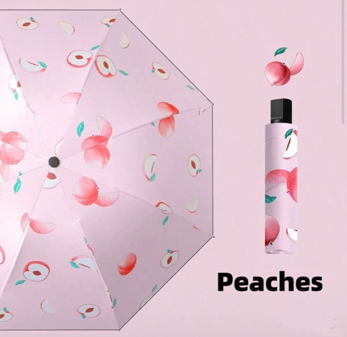 Fully Automatic One-Touch Open Peach Fruit Print Umbrella, 8K Sun Blocking Anti-UV Parasol, Cute Compact Folding Rainproof Umbrella, Suitable For Travel, Wedding Photography, Gift, Water Repellent