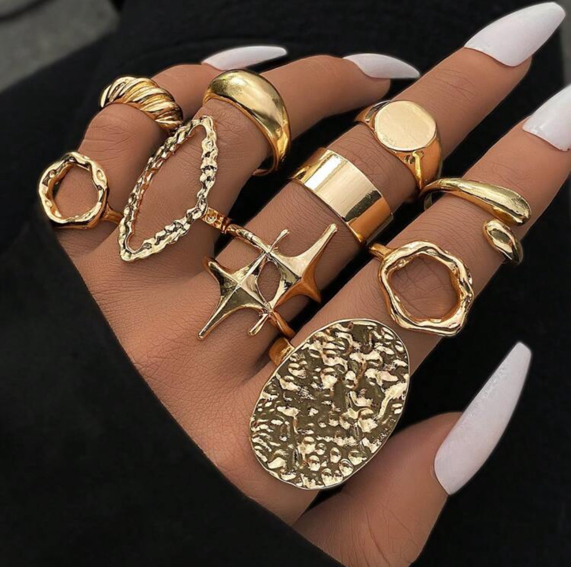 10pcs/Set Exaggerated Geometric Alloy Rings Set, Asymmetrical Hollow Decor, Simple Finger Rings For Women