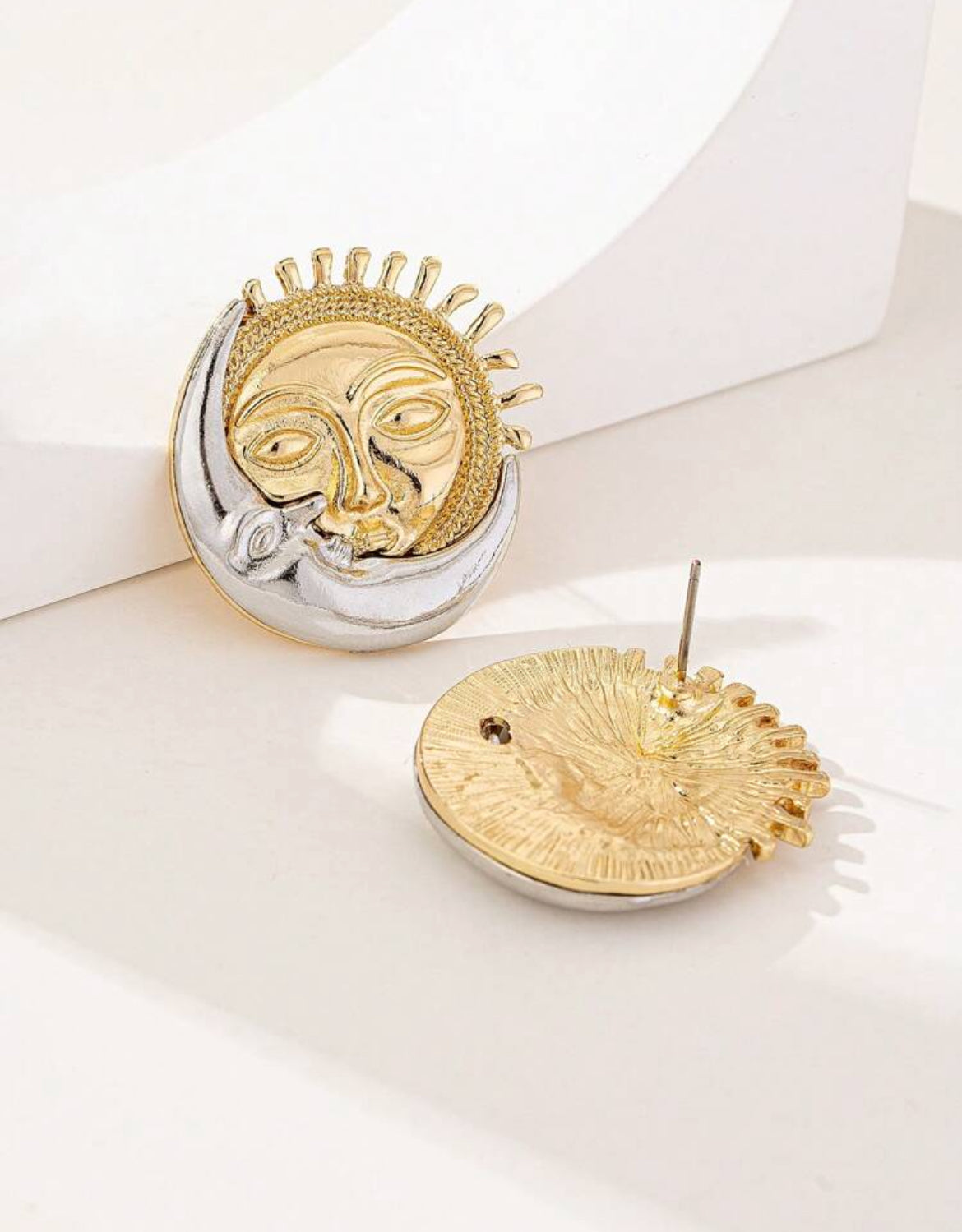 Metal Geometric Sunflower Smiling Face Moon Design Earrings