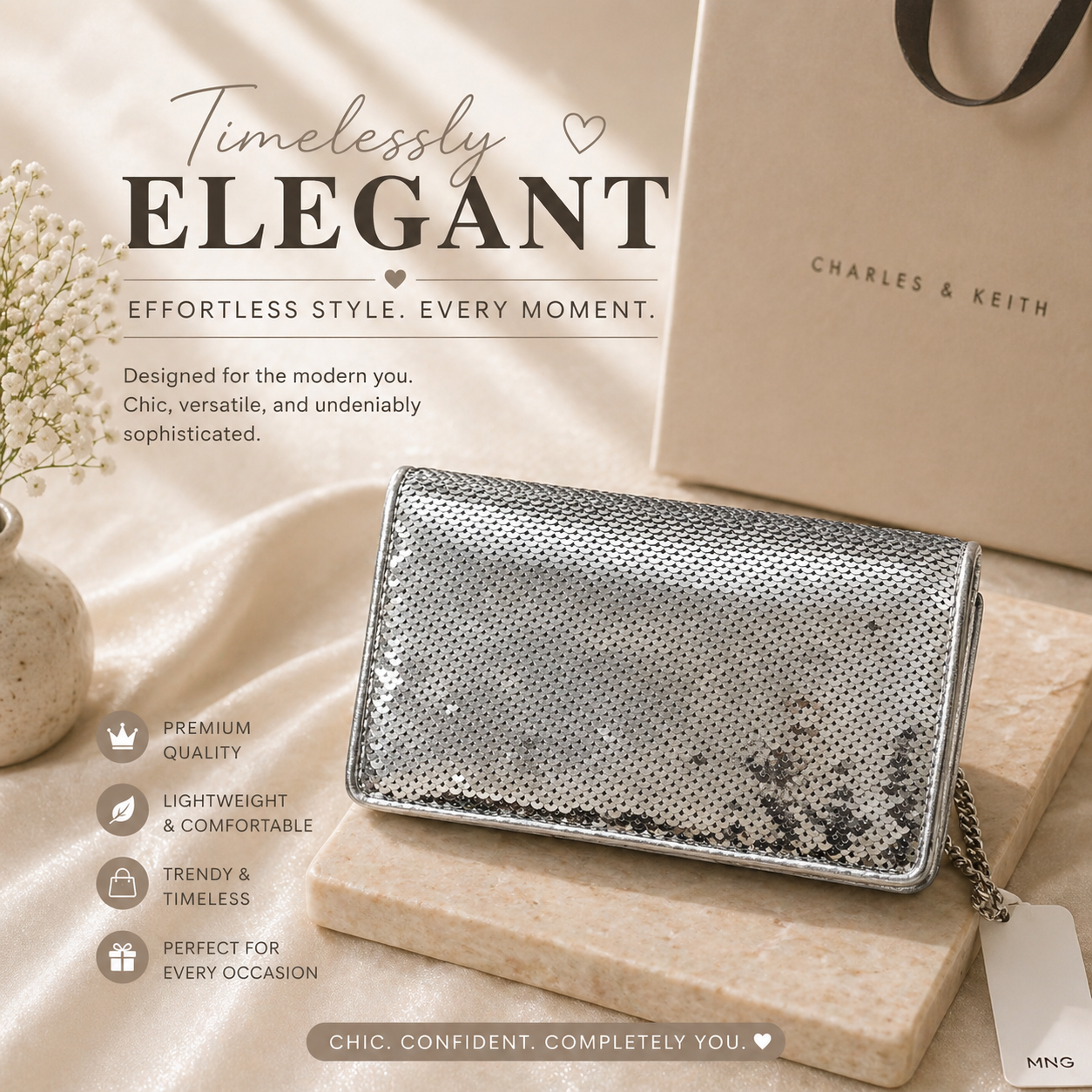 Mango Sequin Evening Clutch Bag – Silver Glam