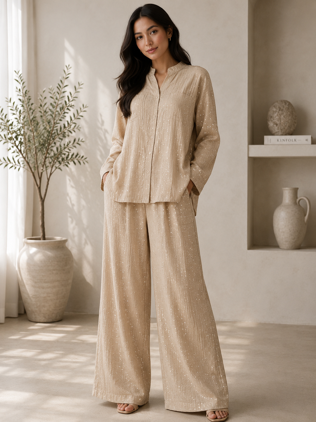 Champagne Stone Work Co-Ord Set with Pocket. XL/XXl