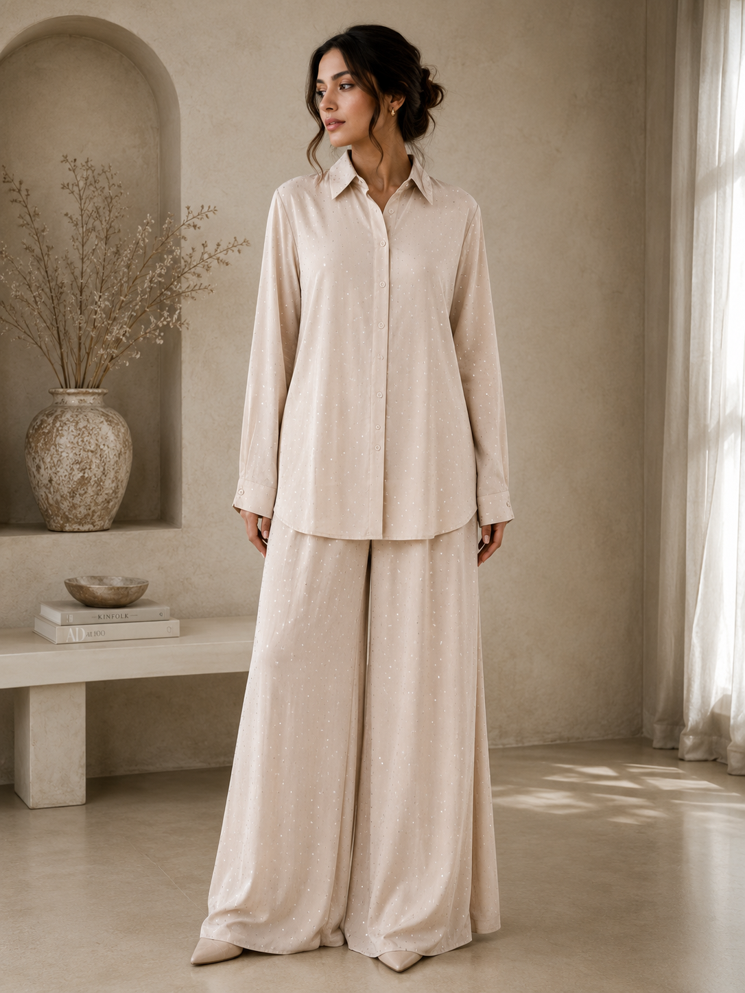 Champagne Beige Stone Work Co-Ord Set.XL/XXL
