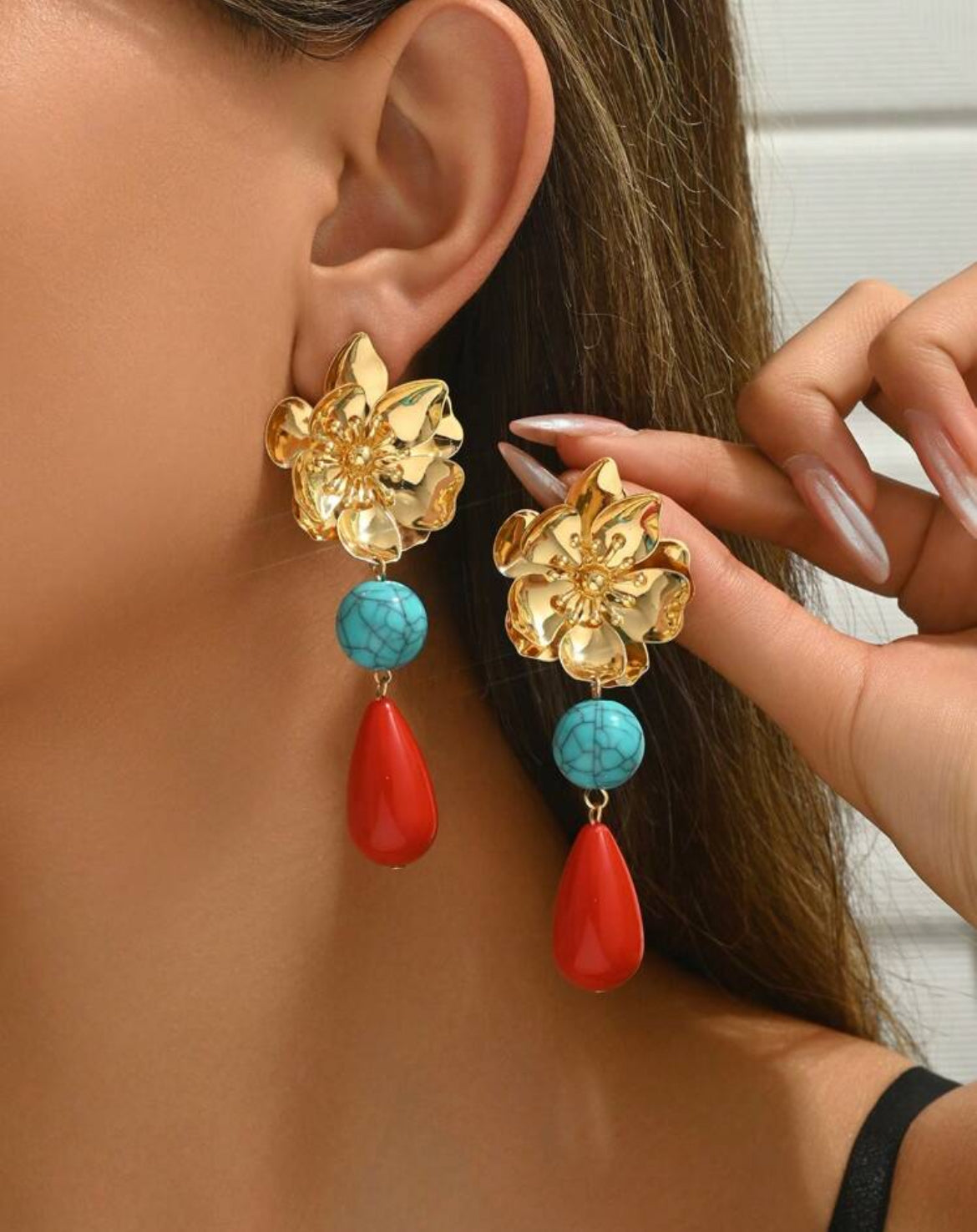 Vintage Bohemian Metal Flower Petal Golden Stamen, Ripple Ceramic Pendant And Asymmetrical Blue Resin Block Combo Earrings