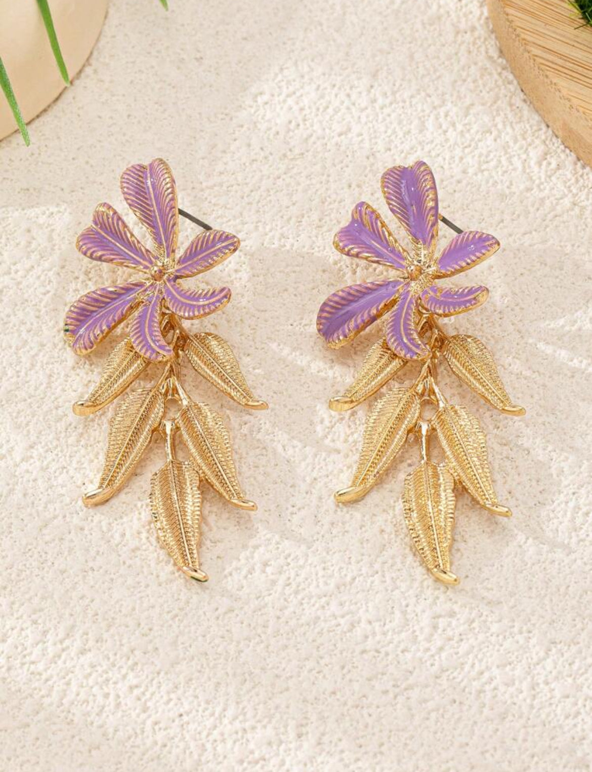 Fashionable Floral Leaf Design Earrings For Women, Elegant & Refined Lavender Color