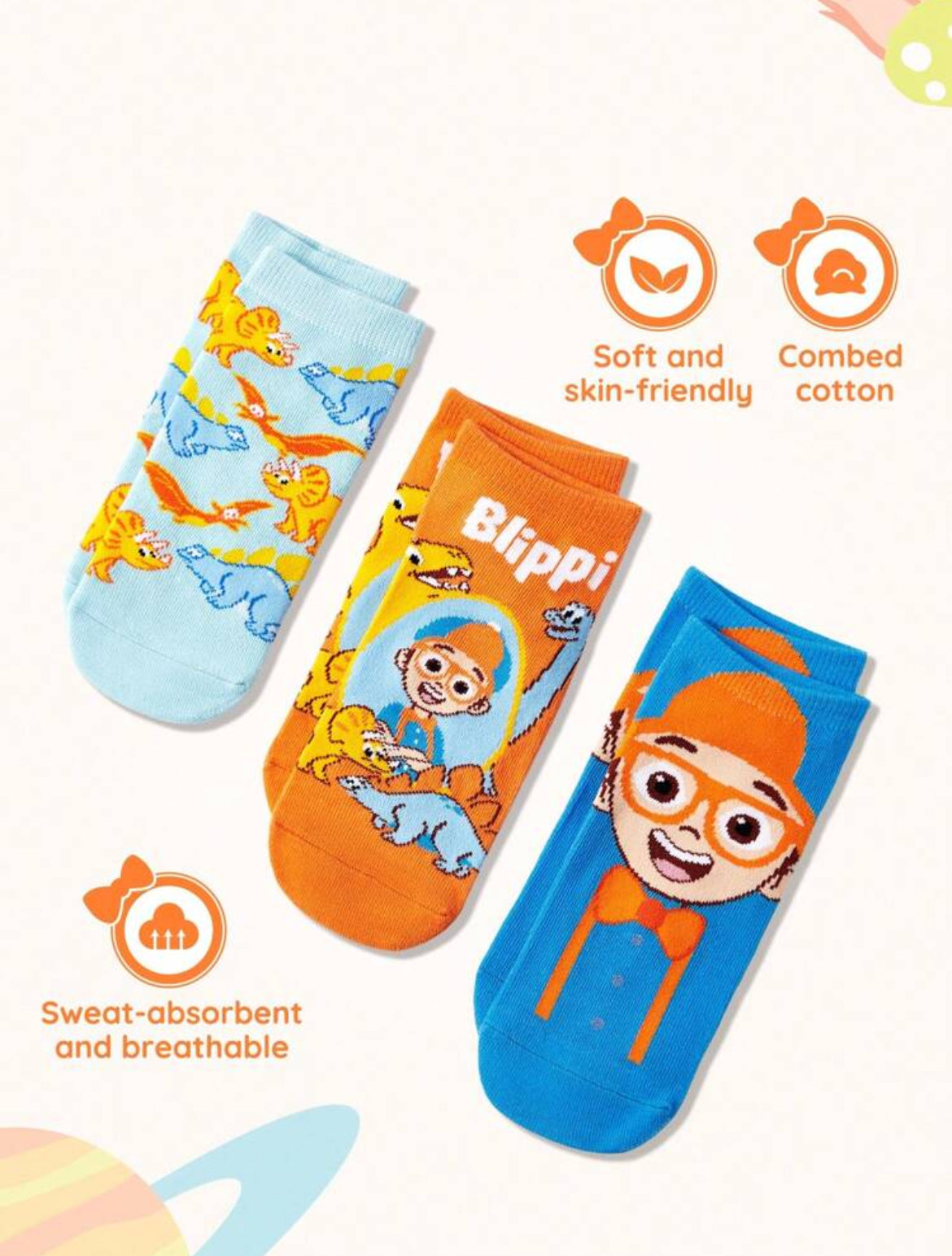Blippi 3 Pairs Cartoon Figures & Dinosaur Pattern Kids Cotton Short Socks Set