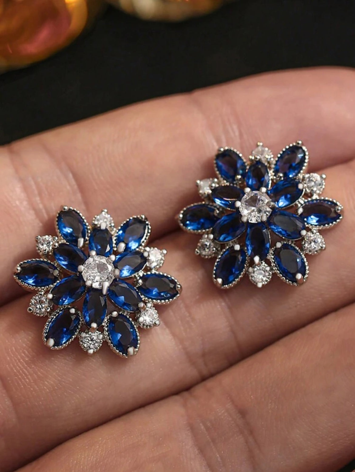 Romantic Flower Cubic Zirconia Big Stud Earrings For Women