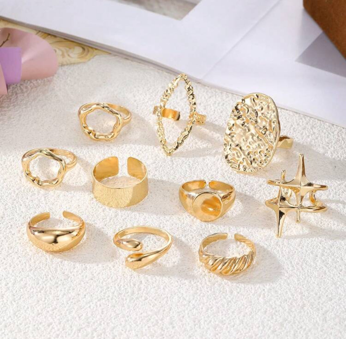10pcs/Set Exaggerated Geometric Alloy Rings Set, Asymmetrical Hollow Decor, Simple Finger Rings For Women
