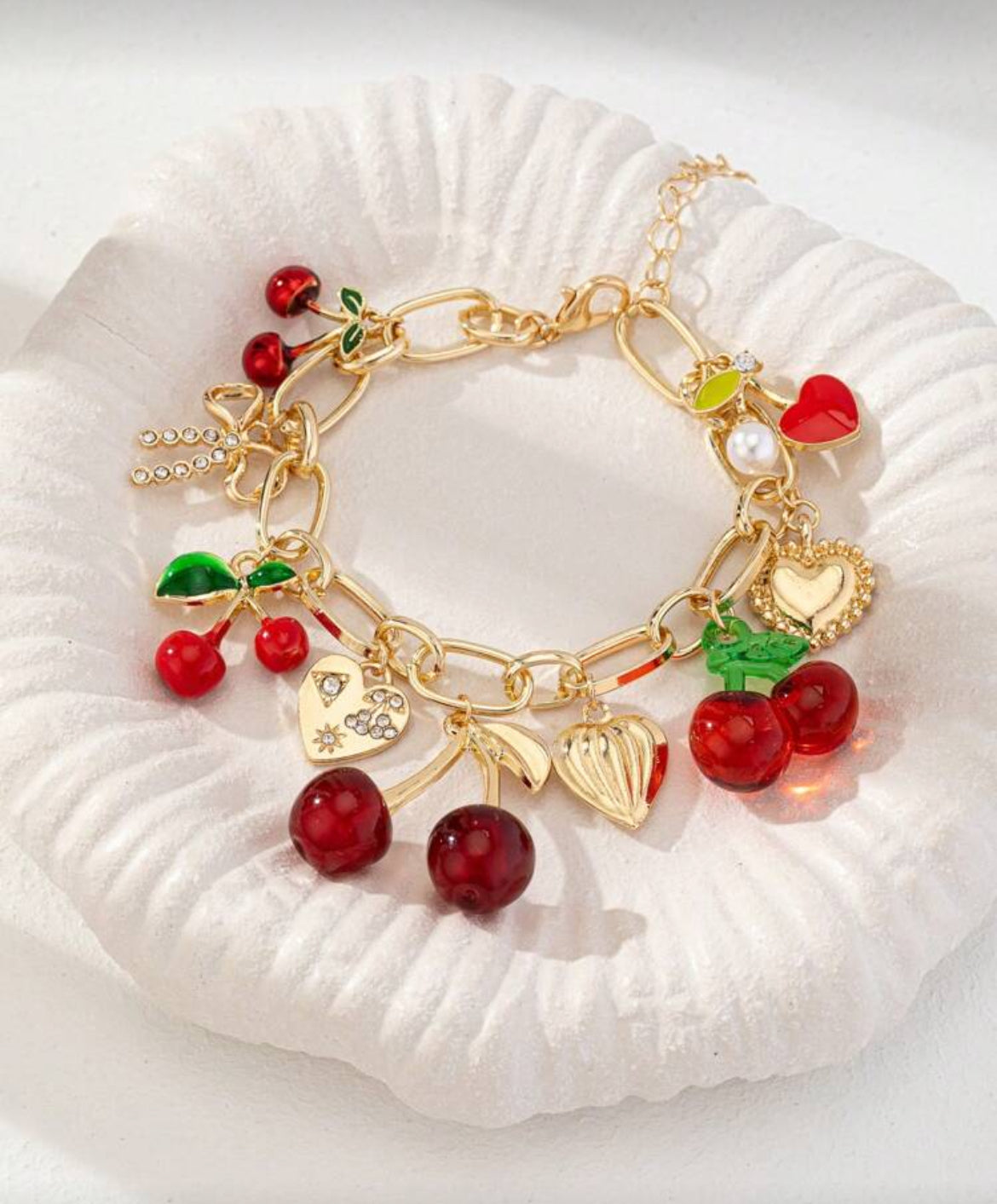 Handmade Golden Cherry Bow Heart Charm Bracelet, Chunky Chain Bracelets, Spring/Summer Jewelry