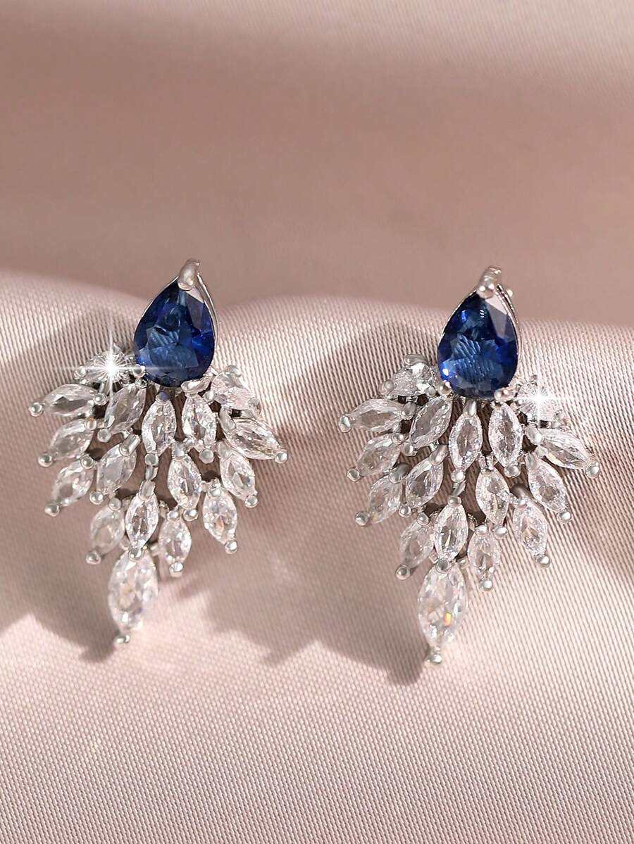 Exquisite Blue Angel Wing Zirconia Pendant Earrings