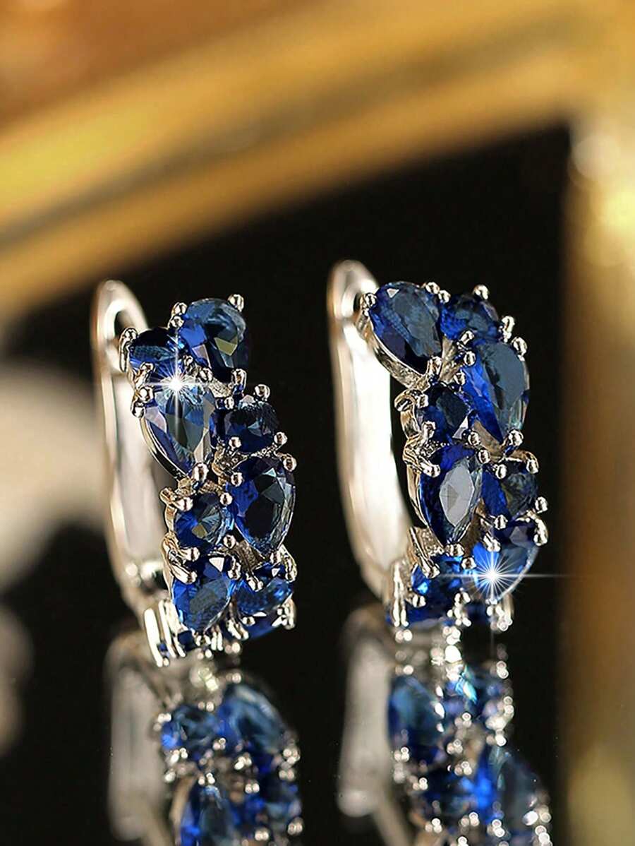 Exquisite Blue Cubic Zirconia Inlaid Elegant Round Earrings