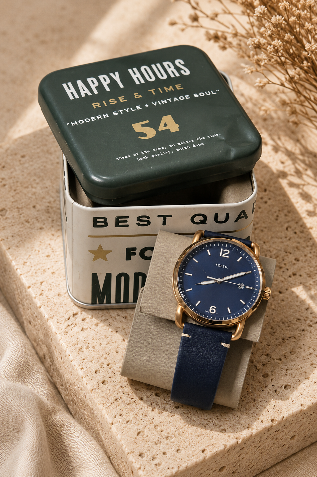 Fossil Navy Dial Gold Case Leather Watch.Gift