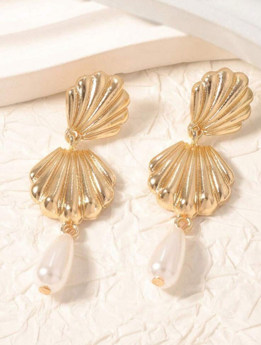 Vacation Fan Earrings, Shell Element Alloy Faux Pearl Water Droplet Pendant Earrings