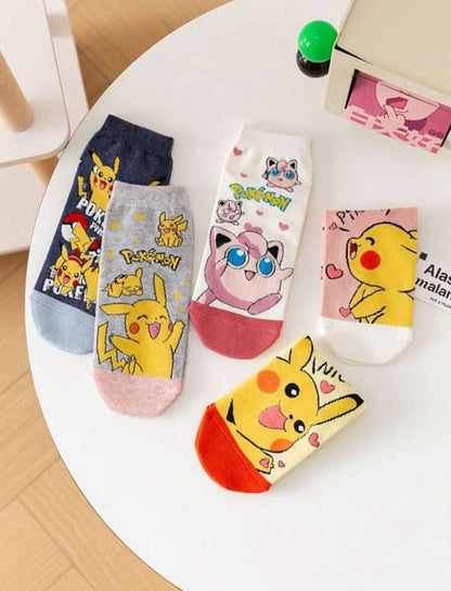pokemon 5 Pairs Women's Pokemon Cartoon Cute Pikachu & Striped Breathable Ankle Socks, Suitable For Daily Wear