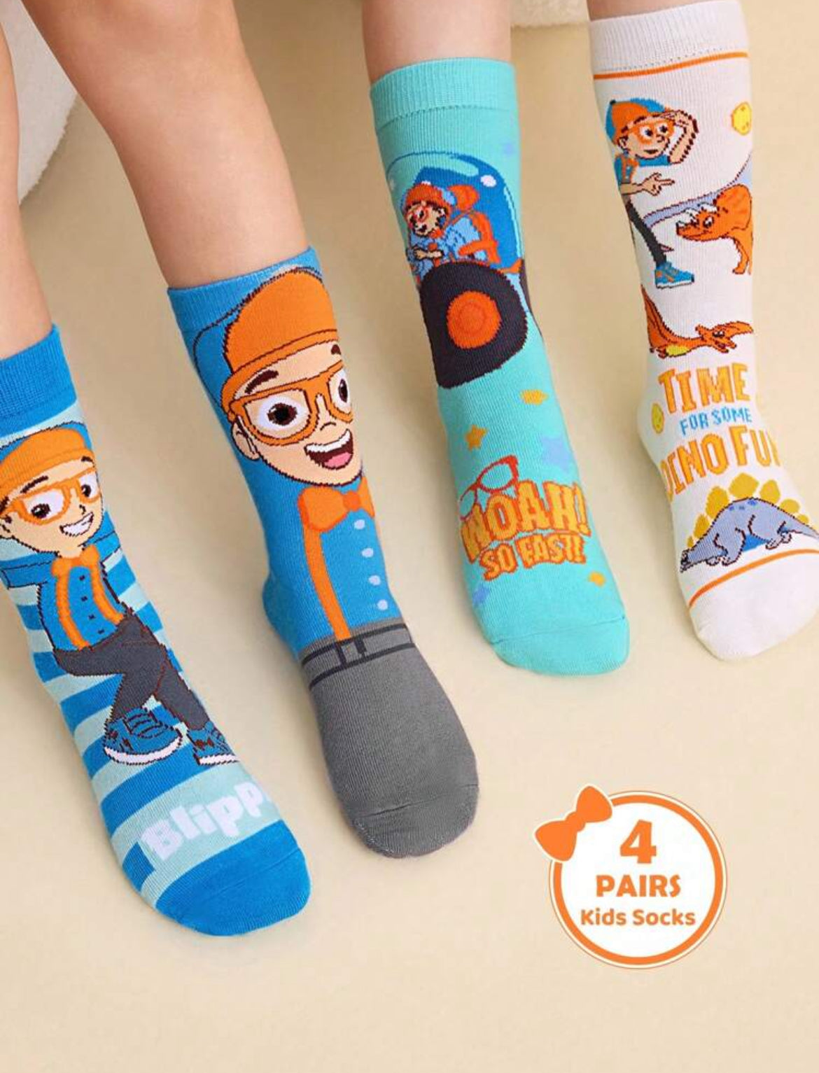 Blippi 4 Pairs Cotton Soft & Breathable Moisture-Wicking Kids Mid-Calf Socks Colorful Cute Cartoon Striped Pattern