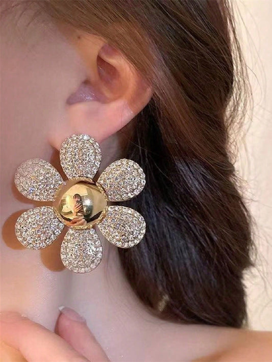 Rhinestone Crystal Oversize Flower Stud Earrings