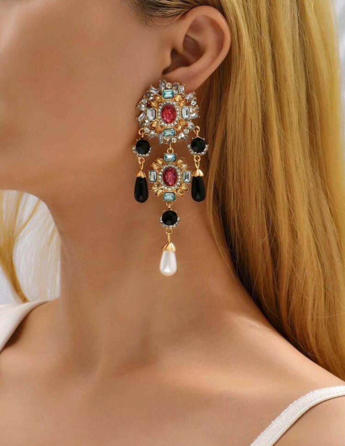 Vintage Gorgeous Rhinestone Faux Pearl Chandelier Earrings For Women Elegant Exquisite Jewelry