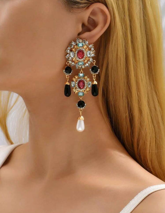 Vintage Gorgeous Rhinestone Faux Pearl Chandelier Earrings For Women Elegant Exquisite Jewelry