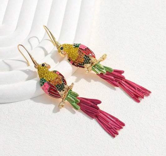 Exaggerated Zinc Alloy Enamel Earrings, Creative Geometric Animal Parrot Rhinestone Dangle Earrings For Women
