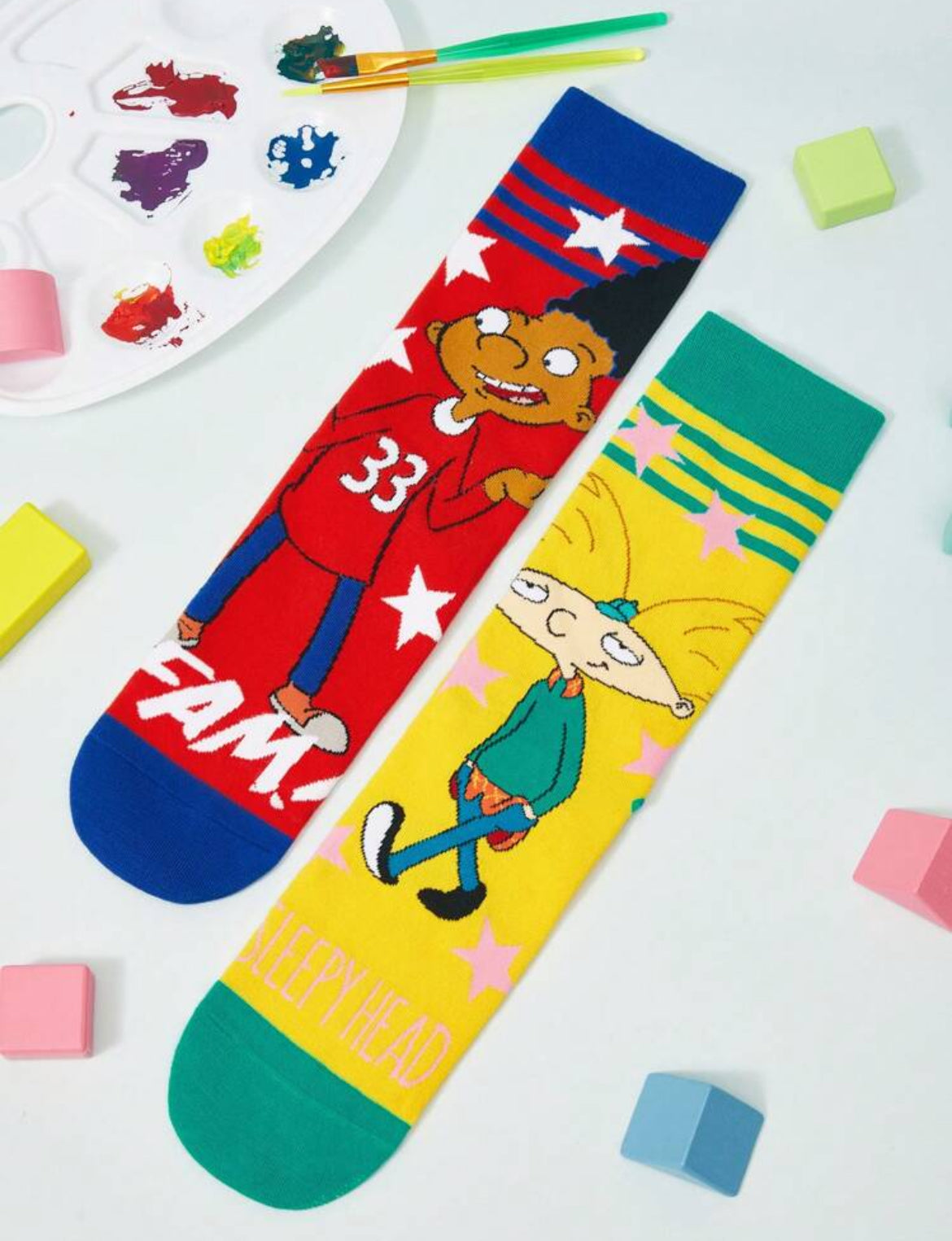 Nick 90s 2 pair Set 90s Asymmetrical Cartoon Graphic Crew Socks