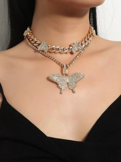 2pcs/Set Women's Rhinestone Butterfly Necklace Set
