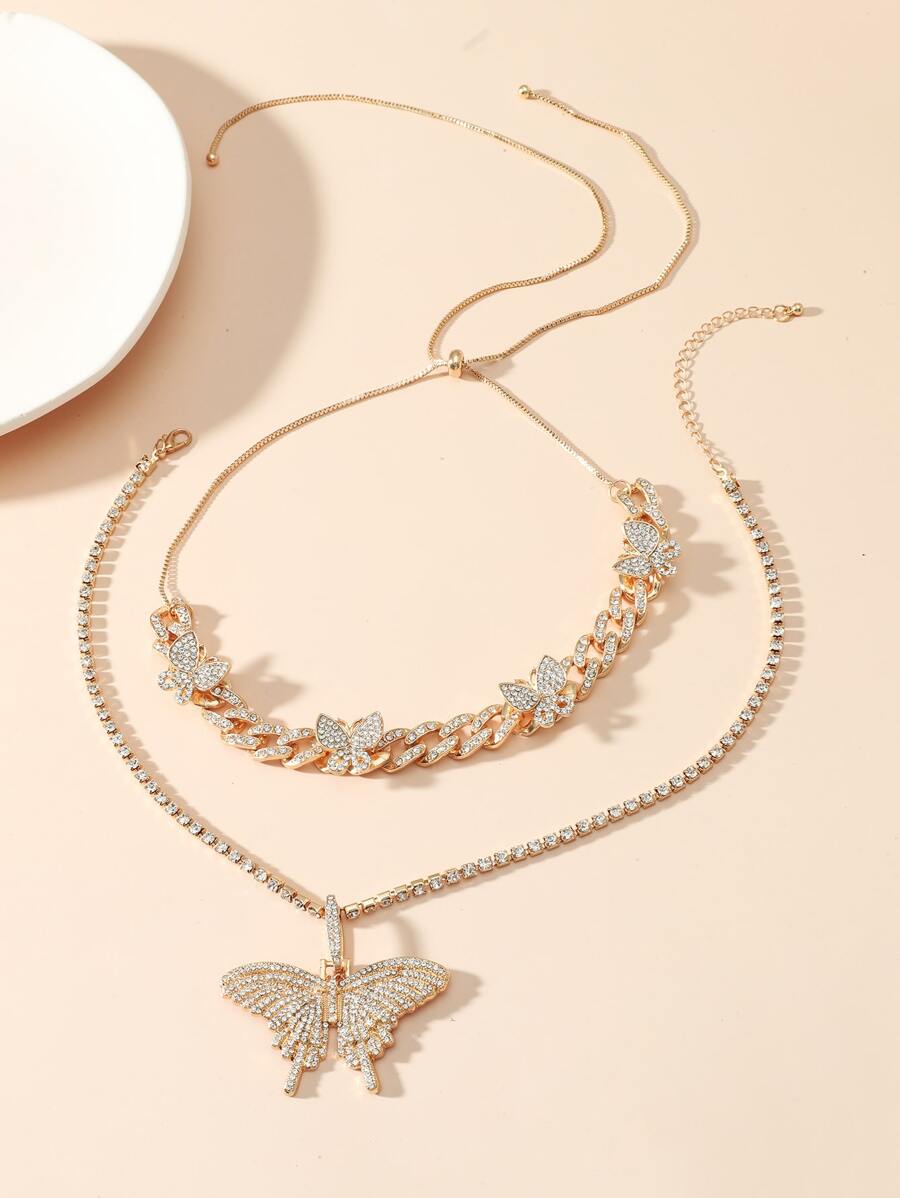 2pcs/Set Women's Rhinestone Butterfly Necklace Set