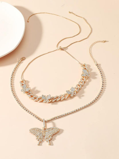 2pcs/Set Women's Rhinestone Butterfly Necklace Set