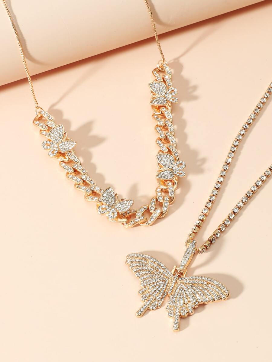 2pcs/Set Women's Rhinestone Butterfly Necklace Set